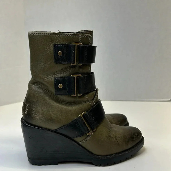 Sorel After Hours Boots Wedges Ankle Heeled Booties Leather Green Black Size 6 - Picture 2 of 10